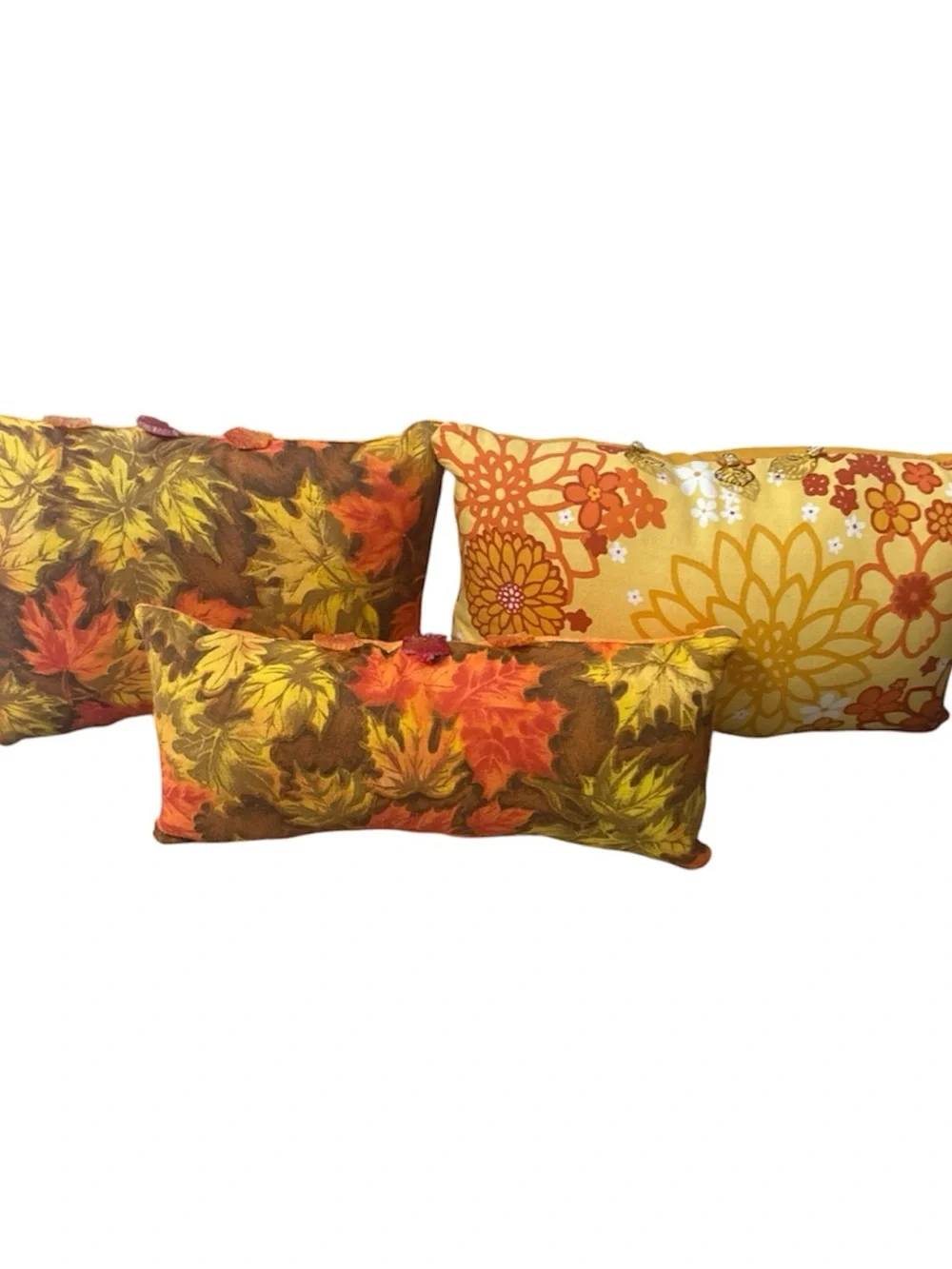 Autumn Leaf Floral Lumbar Pillows pack of 3 handmade new Yellow Orange Brown